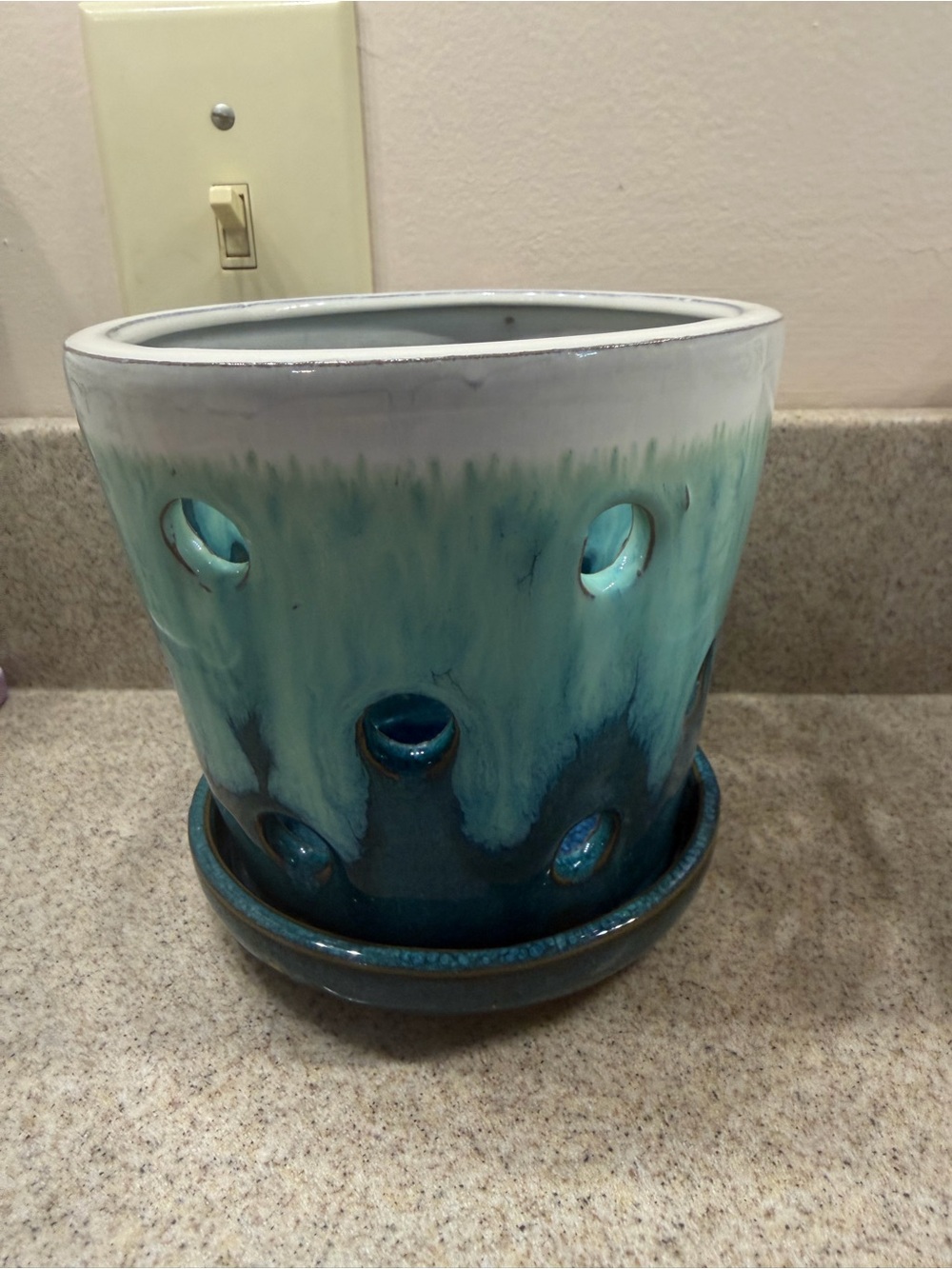 Blue & White Glazed Ceramic Round orchid Pot w/ Saucer